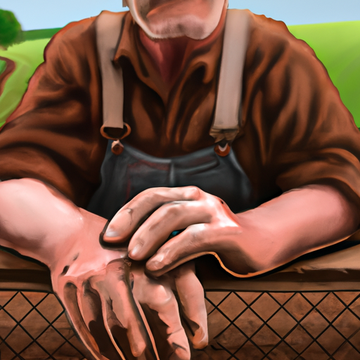 An image depicting an elderly farmer in worn overalls, leaning on a weathered wooden fence