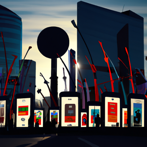 An image showcasing a bustling cityscape with towering skyscrapers, adorned with vibrant digital billboards and colorful ads, while a diverse crowd of consumers engages with their mobile devices, exemplifying the impact of online display advertising on contemporary business
