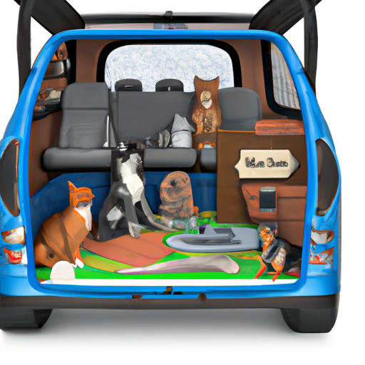 An image showcasing a spacious car interior with three rows of seats, adorned with child car seats, a crate for two dogs, and a cozy nook for a contented cat, emphasizing comfort and practicality for a family with five kids, two dogs, and a cat