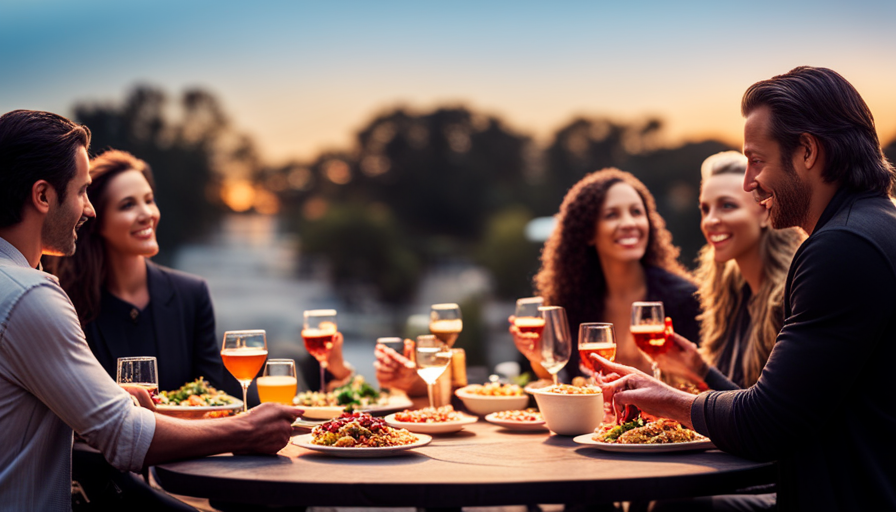 An image that showcases a group of people from different industries, backgrounds, and interests having a lively conversation over food and drinks in a vibrant outdoor setting