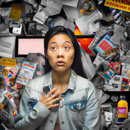 An image of a person surrounded by a cluttered room filled with various advertisements, their face reflecting confusion and indecision