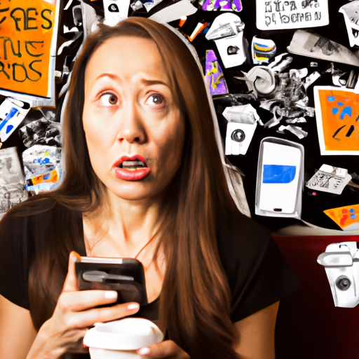 An image featuring a perplexed woman using her smartphone in a coffee shop, surrounded by an array of quirky advertisements appearing out of thin air, each tailored to her interests and preferences