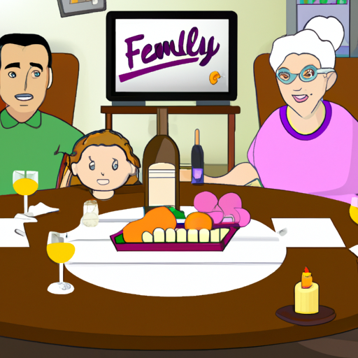An image showcasing a family sitting around a dinner table, with various products displayed