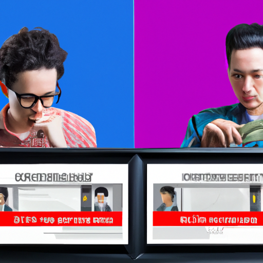An image showcasing a split-screen view of a person engrossed in an enticing online advertisement, while another person appears skeptical and unaffected by various digital banners cluttering their screen