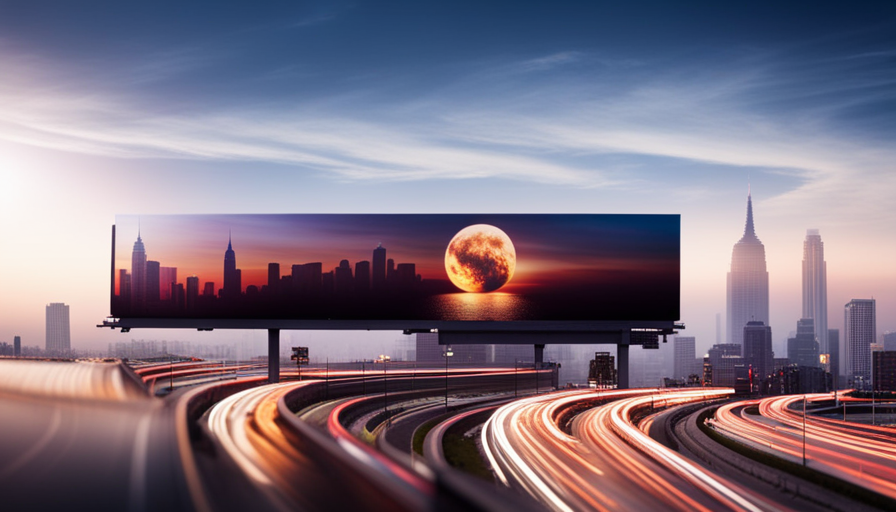 An image featuring a towering billboard overlooking a bustling cityscape, with vibrant and eye-catching visuals promoting various products