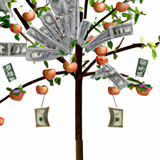 An image showcasing a money tree with branches made of various Apple products, blooming with dollar bills as leaves, illustrating the magnitude of Apple's advertising expenses