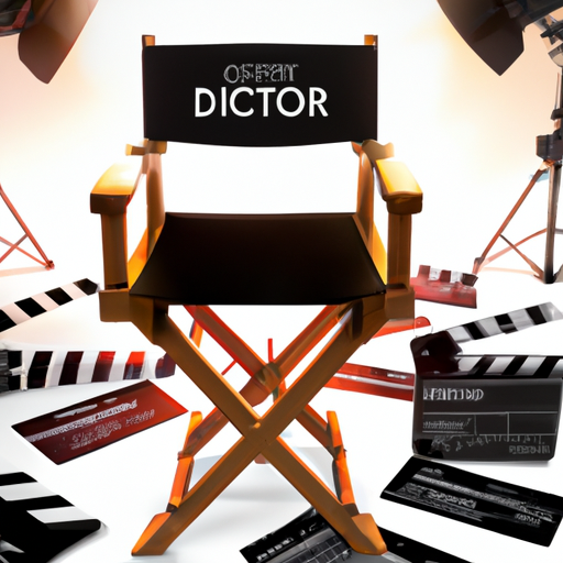 An image showcasing a director's chair surrounded by a bustling film set, with a clapperboard marking a 30-second ad in progress