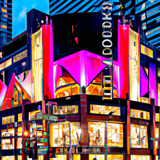 An image showcasing the extravagant splendor of a lavish Nordstrom store, adorned with eye-catching billboards and neon signs, surrounded by a bustling cityscape filled with towering skyscrapers and busy pedestrians