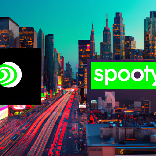 An image showcasing a vibrant Spotify logo against a backdrop of a bustling cityscape, with a large billboard displaying colorful audio waves and a price tag, symbolizing the cost of a Spotify advertisement