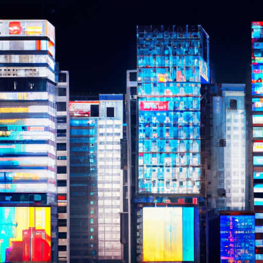 An image portraying a vibrant, bustling cityscape with towering skyscrapers, where various businesses and brands are represented by eye-catching billboards and neon signs, showcasing the vast revenue Facebook generates from posting advertisements
