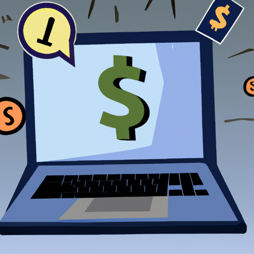 An image showing a laptop with a dollar sign on its screen, surrounded by various online advertising elements such as banners, pop-ups, and social media icons