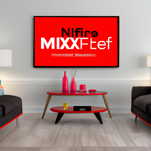 An image showcasing a minimalist living room with a sleek, wall-mounted 1-inch digital frame displaying a captivating Netflix ad