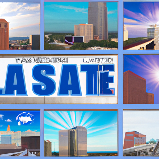 An image that showcases a vibrant cityscape with tall buildings, where billboards and storefronts are filled with eye-catching advertisements for the Lansing State Journal
