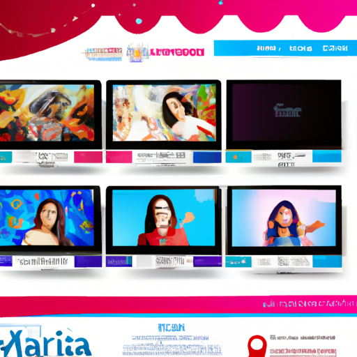 An image showcasing a sleek, modern website layout with vibrant colors, featuring a captivating banner displaying various forms of performing arts, a seamless navigation menu, and a dynamic grid of featured performances