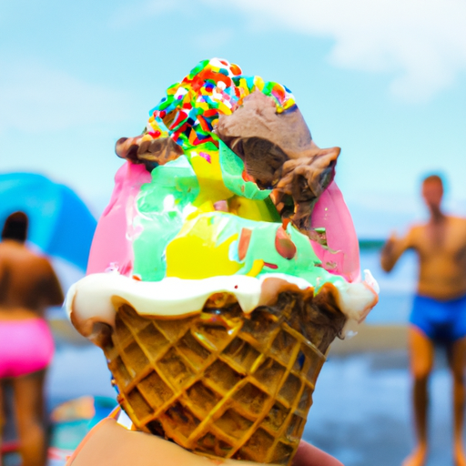 Nt and enticing image of a colorful ice cream cone, surrounded by droplets of melting ice cream, nestled on a backdrop of a summer beach scene with cheerful, sun-kissed people enjoying frozen treats