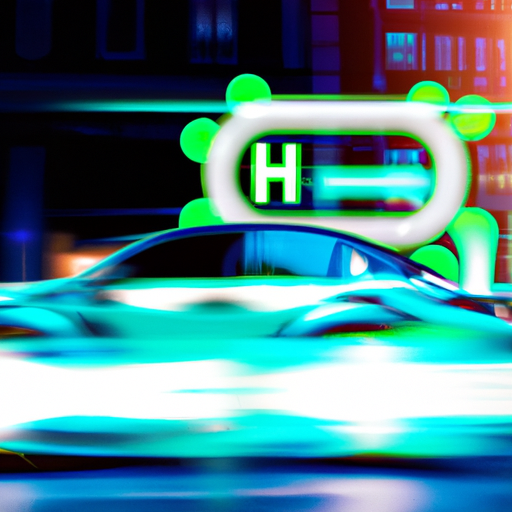 An image featuring a sleek, futuristic hydrogen-powered car zooming through a vibrant cityscape illuminated by neon lights