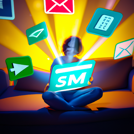 An image of a Sim joyfully sitting on a couch, holding a tablet, surrounded by vibrant virtual ads