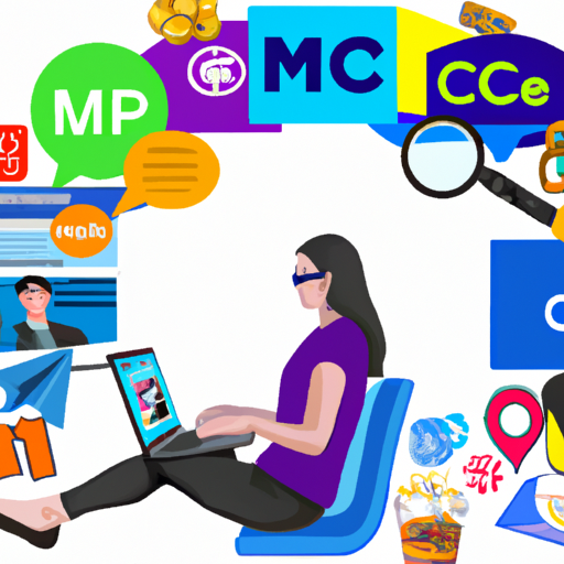 An image featuring a person using a computer, surrounded by a vibrant array of colorful icons representing various advertising strategies (such as social media, email marketing, and content creation) to visually depict the process of crafting an SCCM advertisement