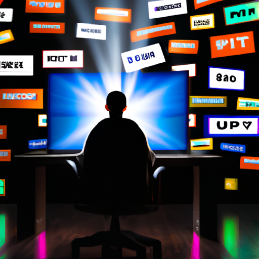 An image of a person sitting at a computer, surrounded by a swarm of colorful, invasive pop-up ads