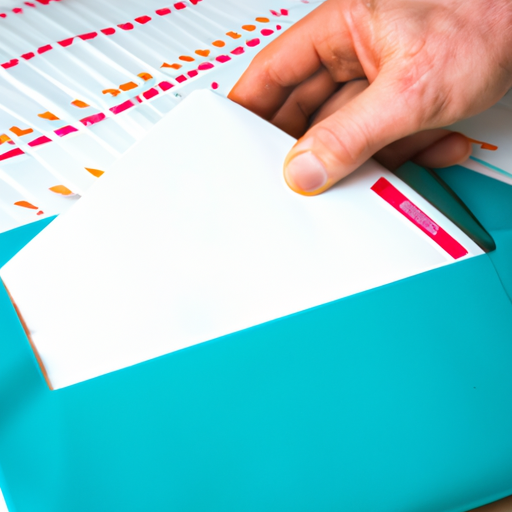 An image showcasing a person inserting a vibrant print advertisement into a neatly addressed envelope