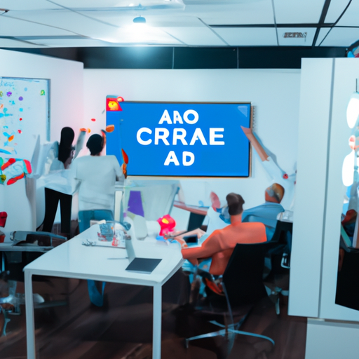 An intriguing image showcasing a modern office with a vibrant team brainstorming ideas around a whiteboard, while digital advertising campaigns are displayed on multiple screens, emphasizing the essence of setting up an online advertising agency