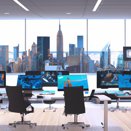 An image showcasing a sleek, modern office space with a panoramic view of a bustling city skyline