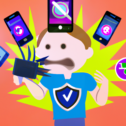 An image showcasing a smartphone user holding their device with a frustrated expression, while a barrage of annoying video ads are blocked and shattered by a shield-like app, symbolizing effective ways to eliminate video advertising on Android mobile apps