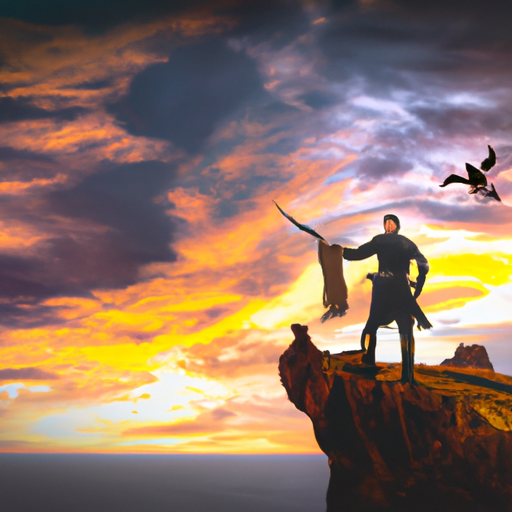 An image showcasing a young Viking, clad in a leather tunic, standing atop a towering cliff with a majestic sunset backdrop