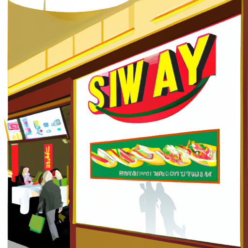 An image showcasing a bustling Subway restaurant with a prominent billboard outside, adorned with logos of local businesses
