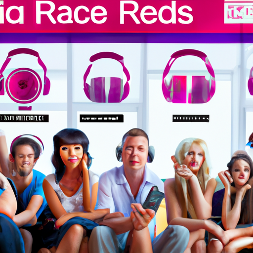An image showcasing a diverse range of individuals wearing headphones, sitting attentively at home, with a radio in the background, capturing the essence of consumers being engaged and compelled to visit websites after hearing radio advertisements in 2015