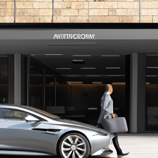 An image showcasing a sleek Aston Martin car parked in front of an office building