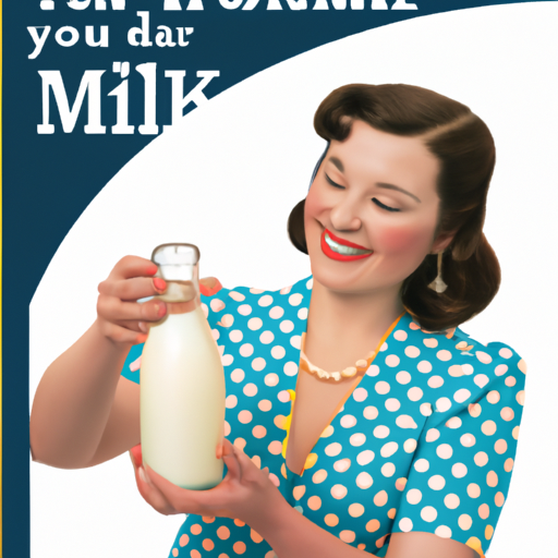 An image showcasing a classic 1940s milk advertisement, featuring a smiling housewife wearing a polka dot dress pouring fresh milk into a glass
