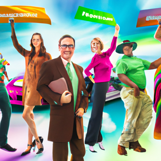 An image showcasing the vibrant world of Progressive Auto Insurance advertising actors: a diverse group of individuals in colorful attire, representing various professions, surrounding a charismatic Flo, symbolizing the brand's inclusive and dynamic nature