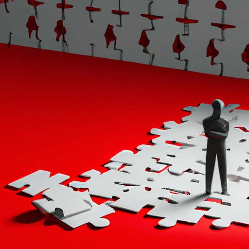 An image showcasing a person standing alone in a crowded room, surrounded by disconnected puzzle pieces