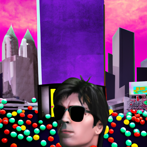 An image of a towering billboard against a vibrant cityscape, displaying a scowling Steve Albini surrounded by shattered disco balls, symbolizing his disdain for dance music