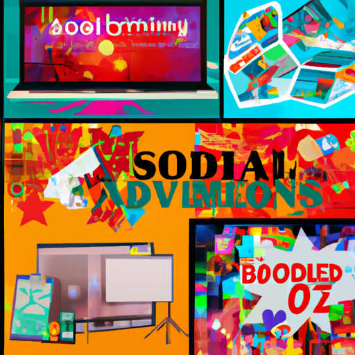 An image showcasing a vibrant collage of various advertisements, including billboards, TV commercials, social media ads, flyers, and product placements, each distinctively representing different kinds of advertisement