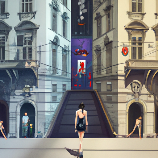 An image showcasing a bustling city street, adorned with gigantic billboards featuring models flaunting trendy outfits from renowned clothing lines