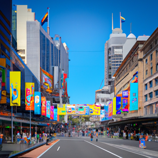 An image featuring a bustling city street, filled with towering billboards adorned with vibrant, eye-catching visuals