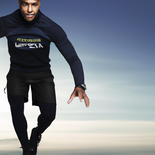 An image showing a confident athlete wearing Under Armour fleece, captured mid-jump against a backdrop of a crisp morning sky