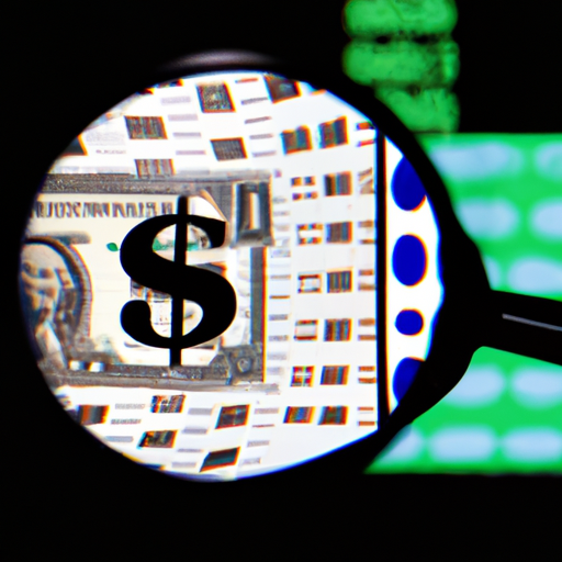 An image showcasing a magnifying glass hovering above a dollar bill, as it focuses on a pixelated screen displaying various ads