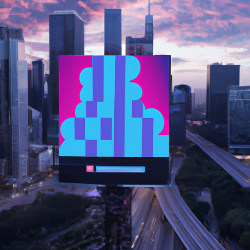 An image showcasing a vibrant, futuristic cityscape with a billboard featuring the iconic IBM Cloud logo