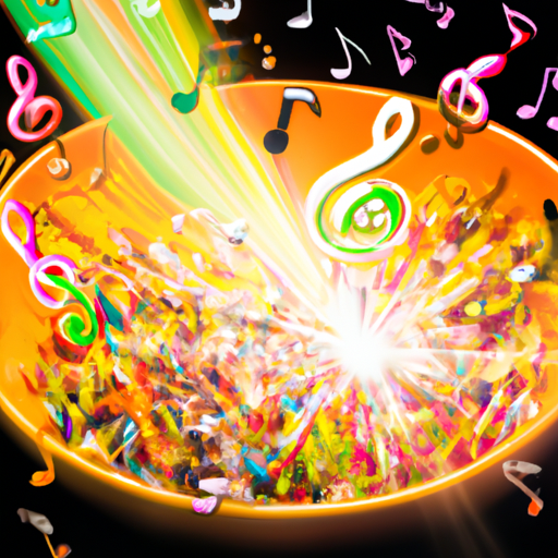An image featuring a vibrant bowl of Cheerios, surrounded by a swirling dance floor made of colorful musical notes