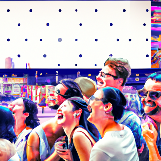 An image showcasing a diverse group of people engrossed in laughter, while watching a captivating advertisement on a large screen in a bustling city square, surrounded by vibrant colors and dynamic visuals