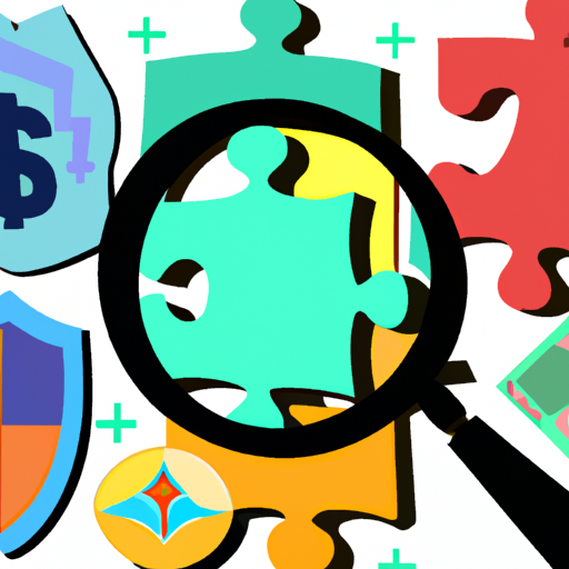 An image showcasing a vibrant collage of insurance-related icons and symbols like a shield, dollar sign, magnifying glass, and puzzle pieces, representing various terms used in policy names or descriptions in insurance product advertisements
