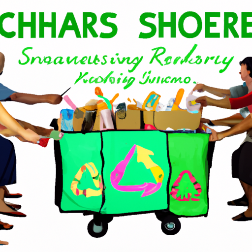An image featuring a diverse group of American consumers joyfully passing on their products to one another, showcasing a chain of sharing and recycling