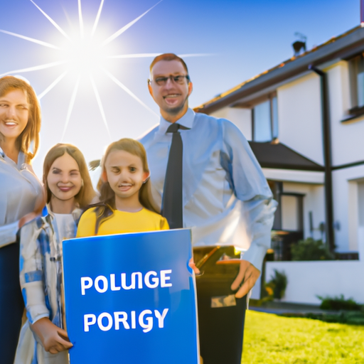 An image of a smiling family standing in front of a house, while a friendly insurance agent holds a policy document