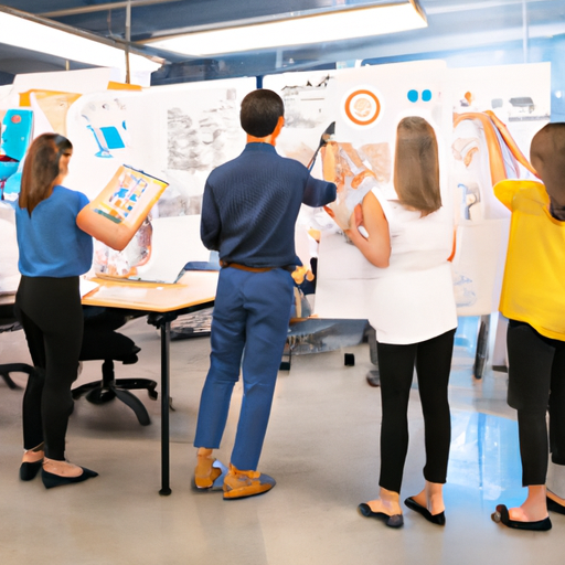 An image showcasing a diverse team brainstorming, sketching, and revising ideas on a whiteboard, surrounded by stacks of reference materials and a timeline, illustrating the lengthy process of ideation and concept development in advertisement production