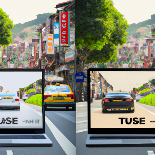 An image portraying a split-screen scene: on one side, a bustling city street with billboards, taxis, and pedestrians; on the other side, a serene countryside with a laptop displaying a targeted online ad