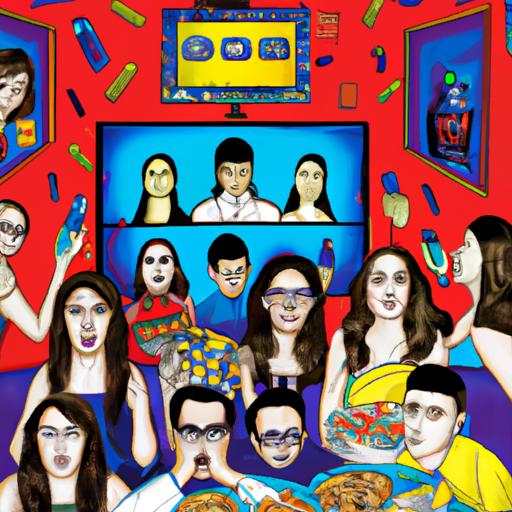 An image showcasing the impact of TV advertisements, depicting a diverse group of individuals engrossed in a wide range of emotions while watching commercials, surrounded by various products and brands