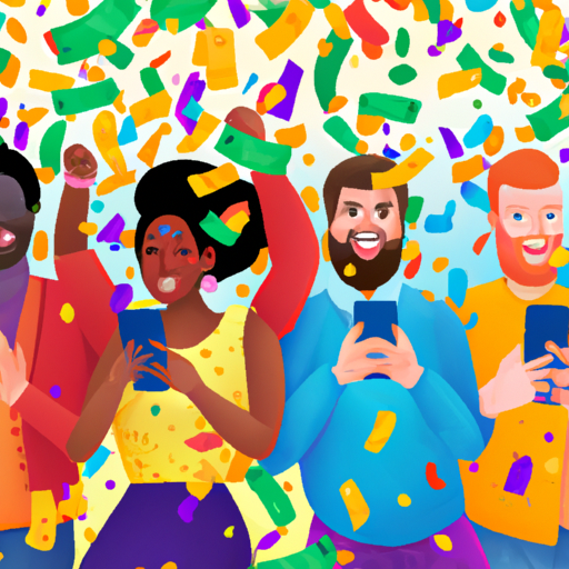 An image of a diverse group of people celebrating, surrounded by vibrant confetti and holding up wads of cash, as they cheerfully check their Bet Online accounts on their smartphones for their winning payouts
